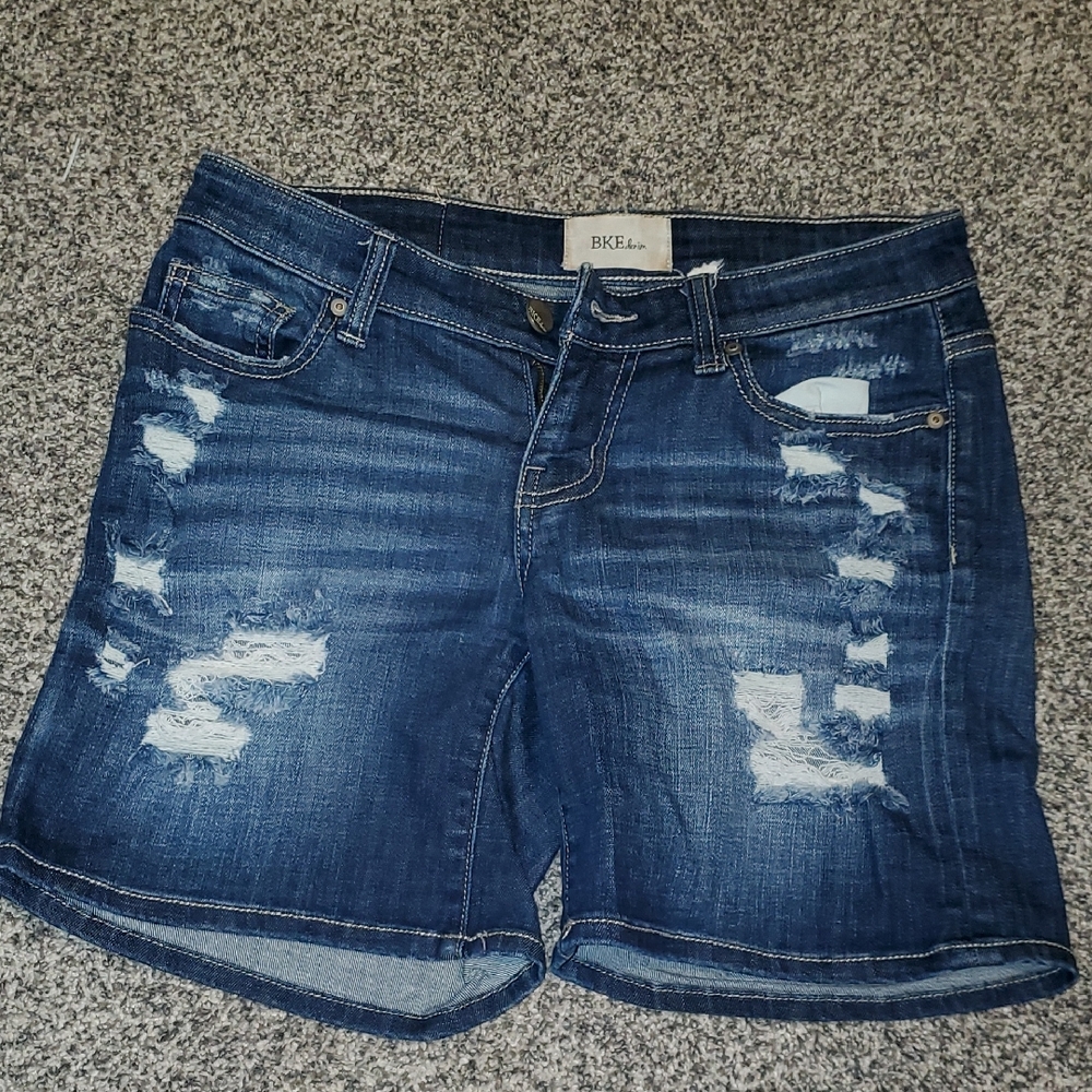 BKE Ripped Dark Blue Jean Shorts